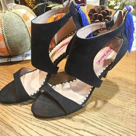 Betsey Black Suede Heeled Sandals with Purple Tassels - Picture 1 of 8